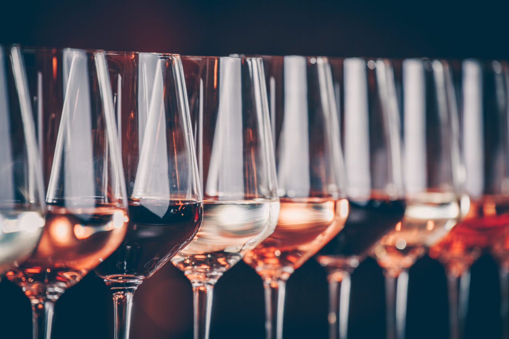 A row of wine glasses with different wines.